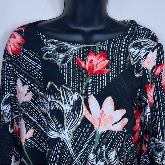 VINTAGE SMALL JM COLLECTION BLOUSE BLACK FLORAL GOLD SHIMMER ACCENT STRETCH - Picture 5 of 12